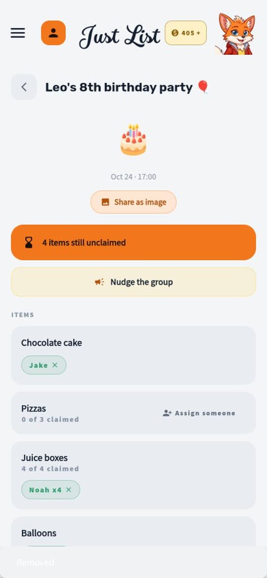 A Just List event where guests claim what they bring
